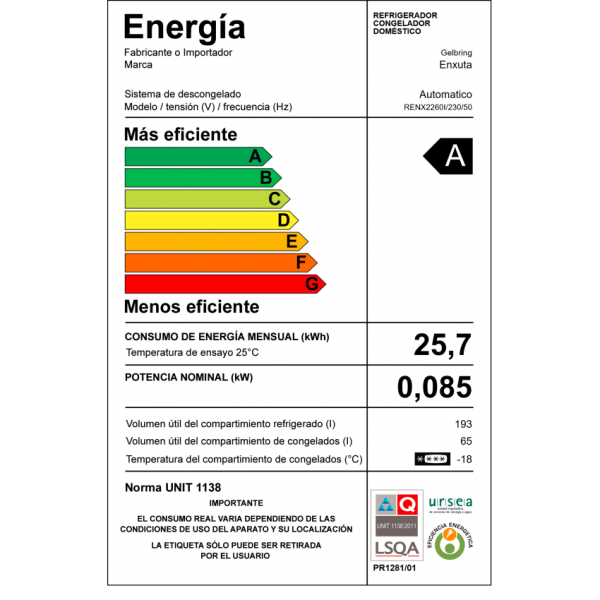 Refrigerador Frío Seco C/Dispensador 258 Lts Clase A – Enxuta – RENX2260IM - Imagen 3