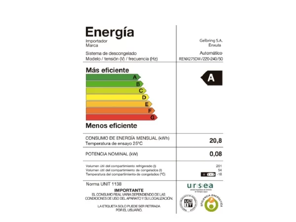 Refrigerador Enxuta No Frost 255 Lts Blanco C/Dispensador – RENX275DW-1 - Imagen 2
